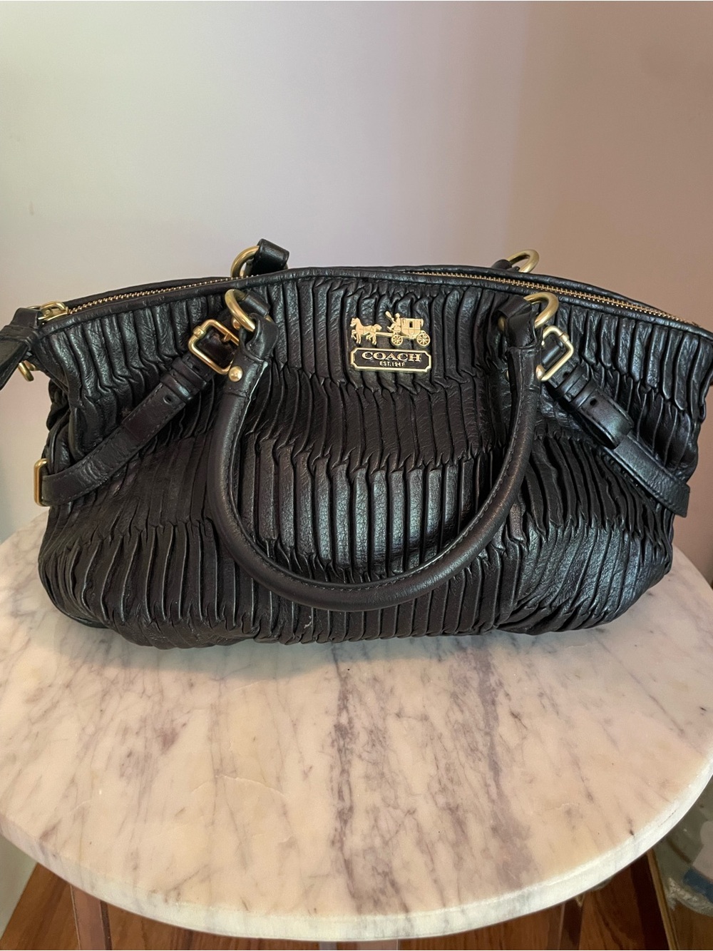 Coach Authentic 16942 black leather pleated satchel/tote